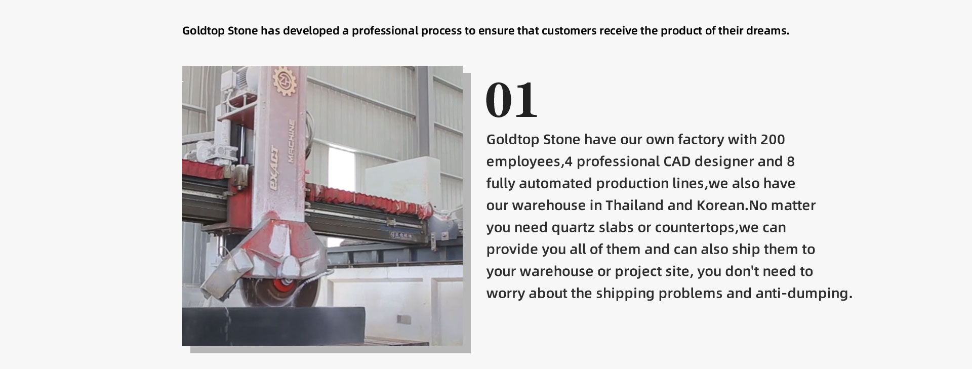 1.Goldtop Stone have our own factory with 200 employees,4 professional CAD designer and 8 fully automated production lines,we also have our warehouse in Thailand and Korean.No matter you need quartz slabs or countertops,we can provide you all of them and can also ship them to your warehouse or project site, you don't need to worry about the shipping problems and anti-dumping.